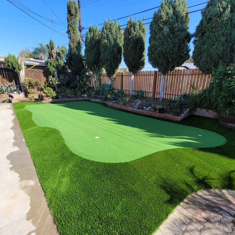 A backyard in Albuquerque features a mini-golf putting green bordered by lush synthetic turf. Tall, dense trees and a wooden fence provide a backdrop, while a clear blue sky is visible above.