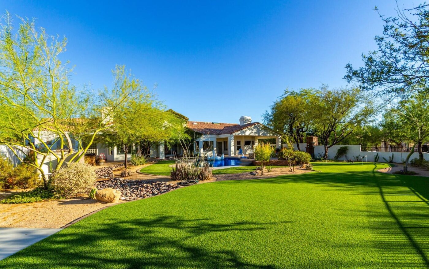 A spacious backyard in Albuquerque showcases a well-maintained lawn with synthetic turf, a variety of trees, and desert landscaping. A modern white house with a covered patio and swimming pool is set against a clear blue sky.